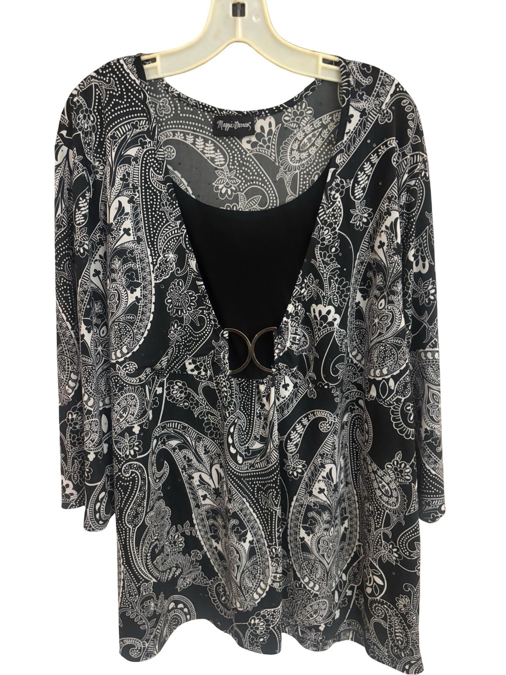 Maggie Barnes Black & White Paisley V-Neck Tunic with Ring Detail 3XL